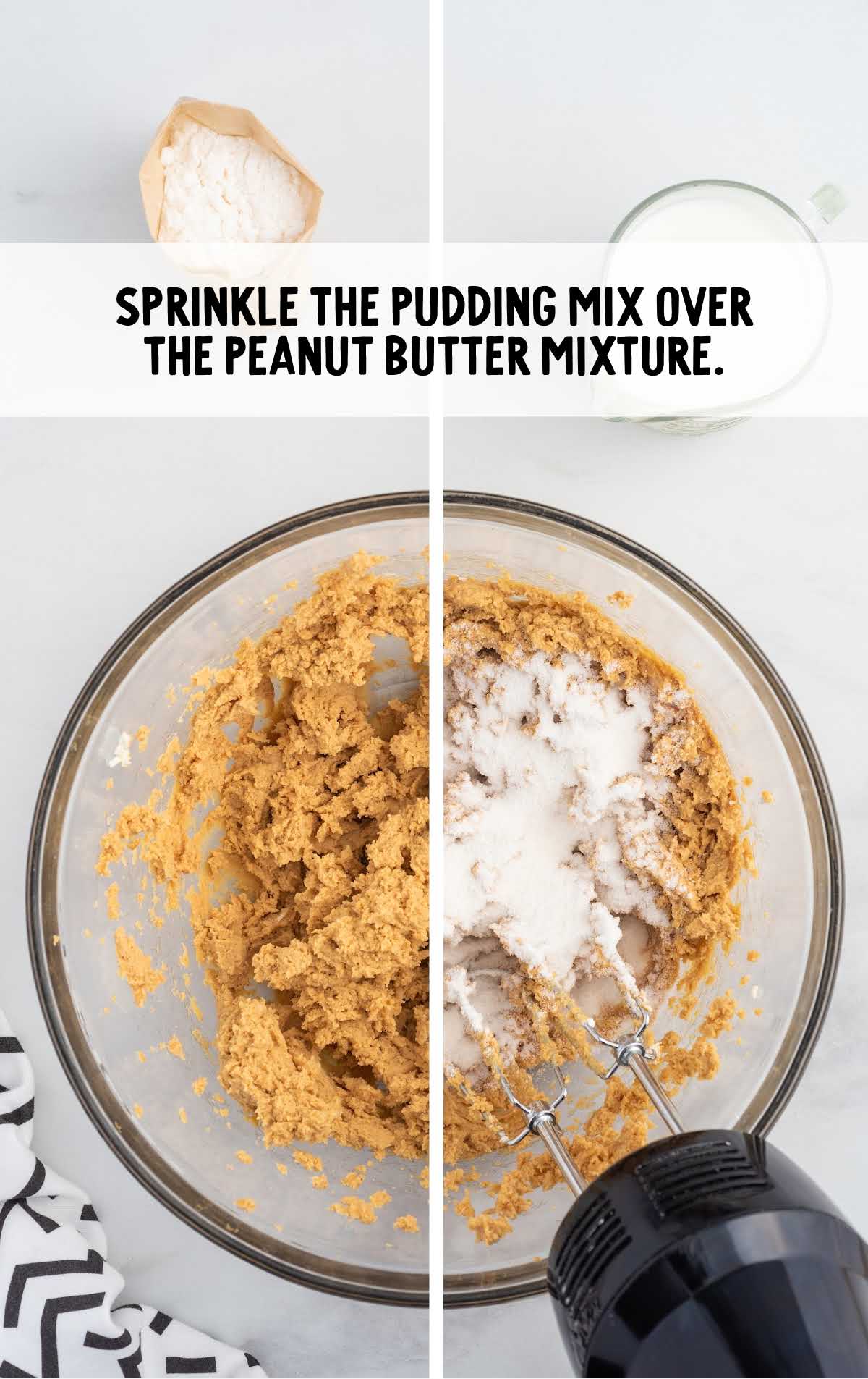 pudding mix sprinkled over the peanut butter mixture and blended in a bowl