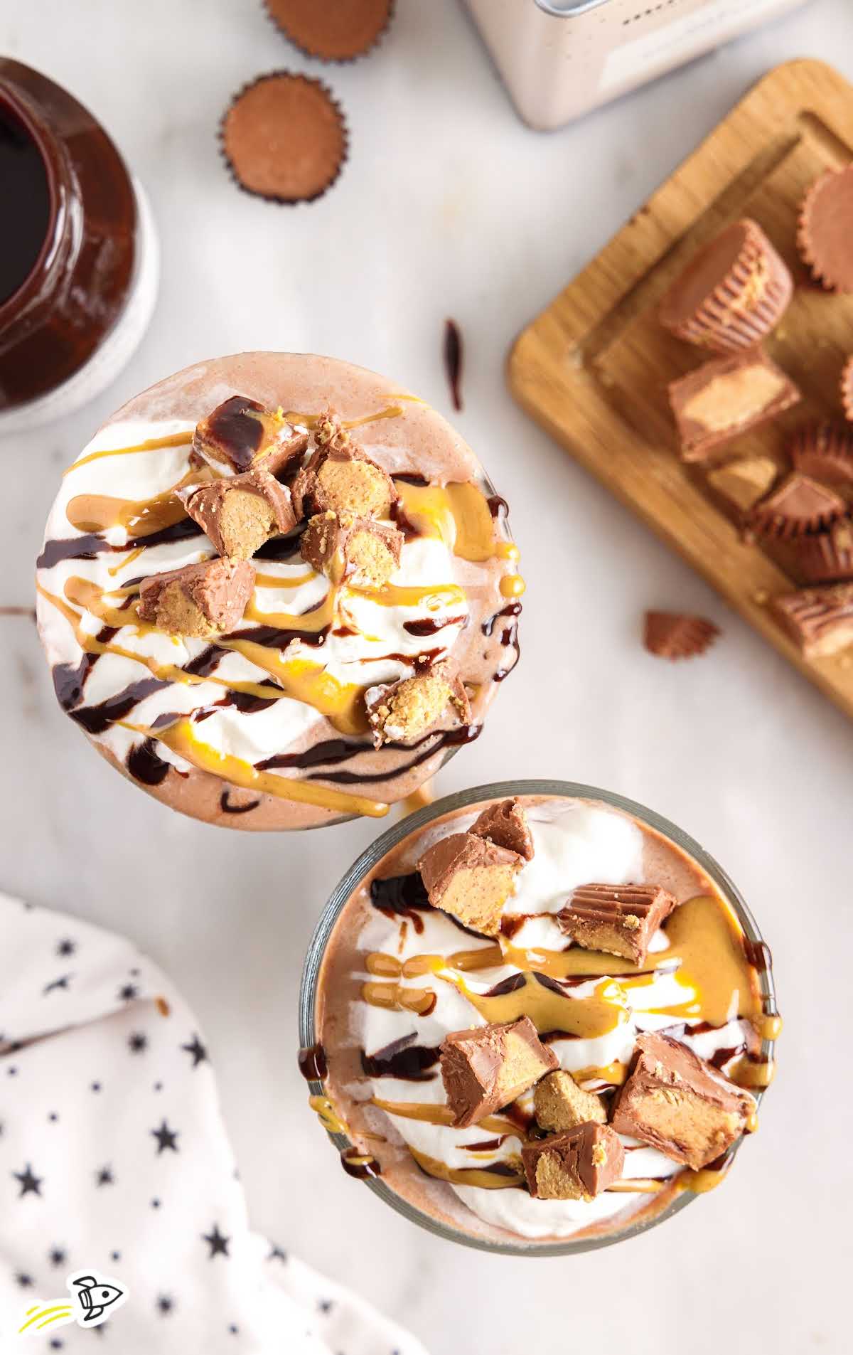 overhead shot of multiple Peanut Butter Frozen Hot Chocolate in a glass