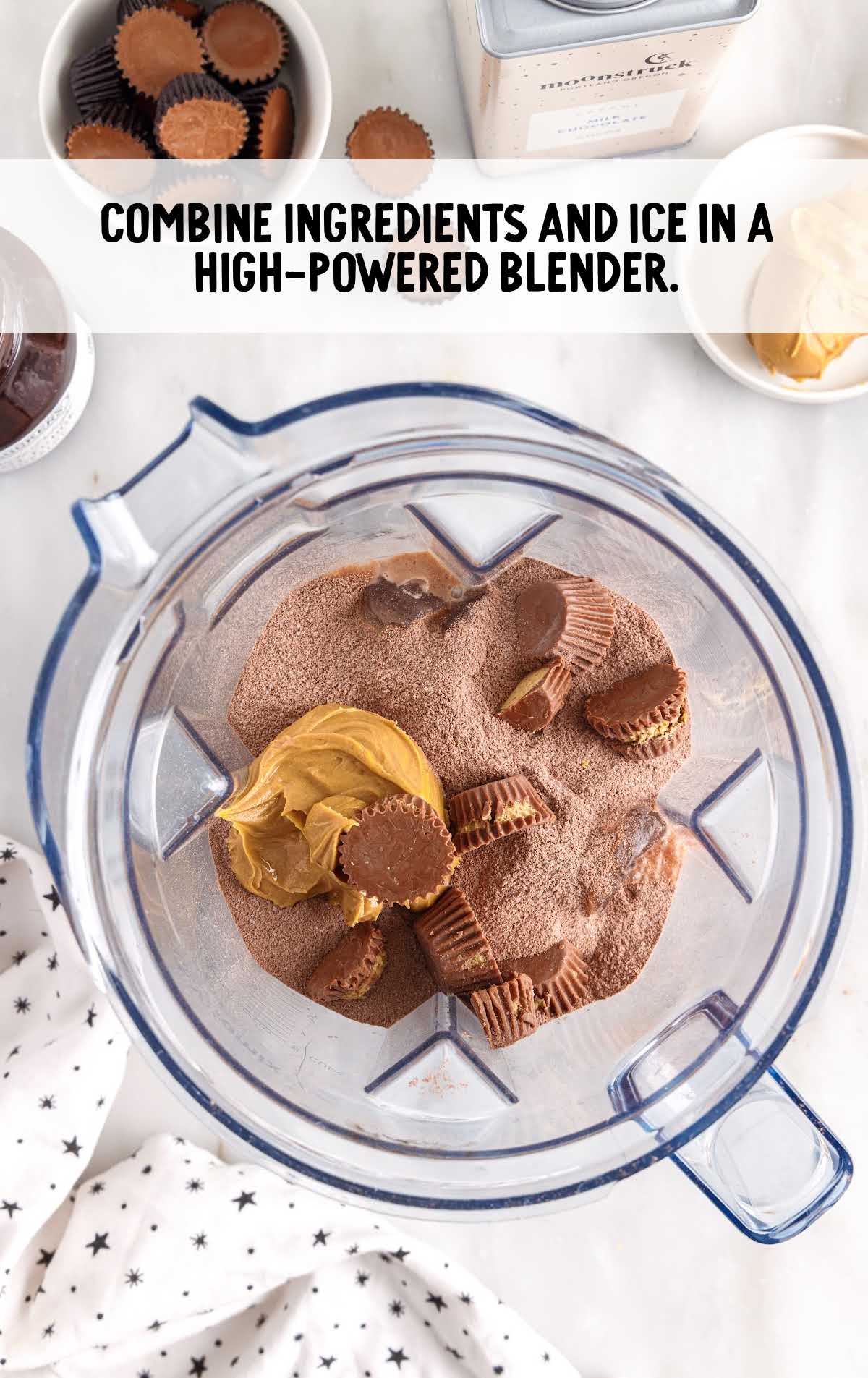 Peanut Butter Frozen Hot Chocolate ingredients combined in a blender
