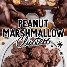 a close up shot of Peanut Marshmallow Cluster with a bite taken out of it stacked on top of another cluster and overhead shot of Peanut Marshmallow Clusters on a plate