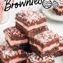 close up shot of Peppermint Brownies stacked on top of each other on a plate