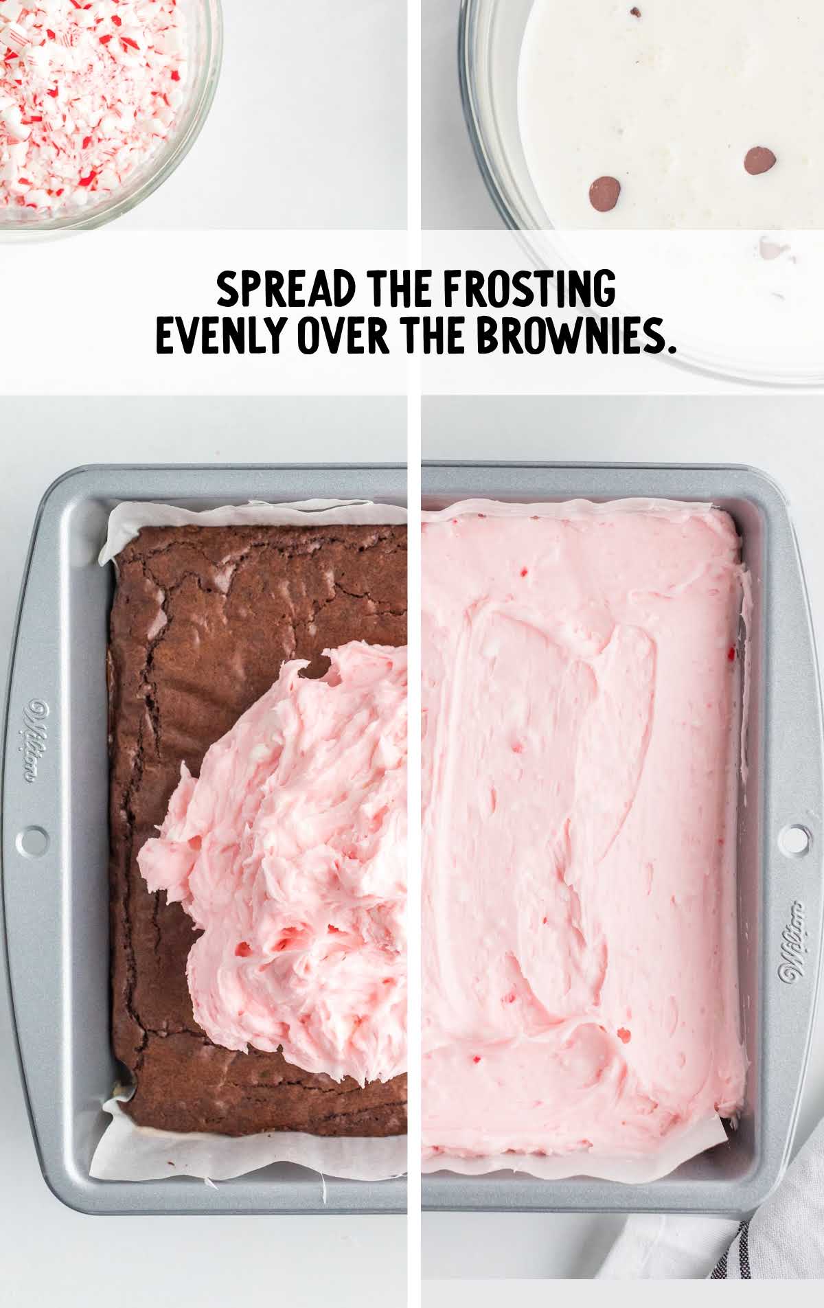 frosting spread over the brownies in a baking dish