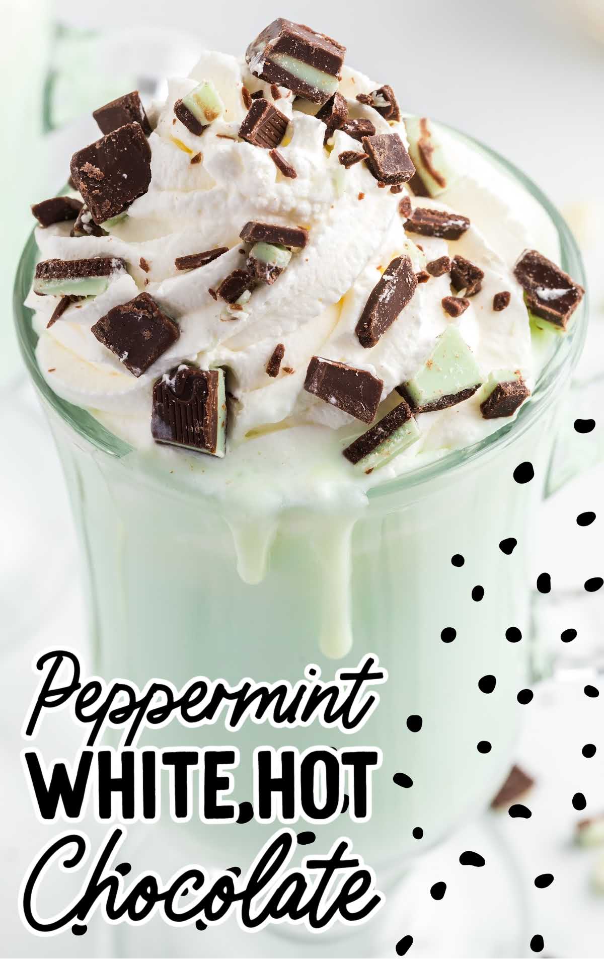 close up shot of a glass of Peppermint White Hot Chocolate
