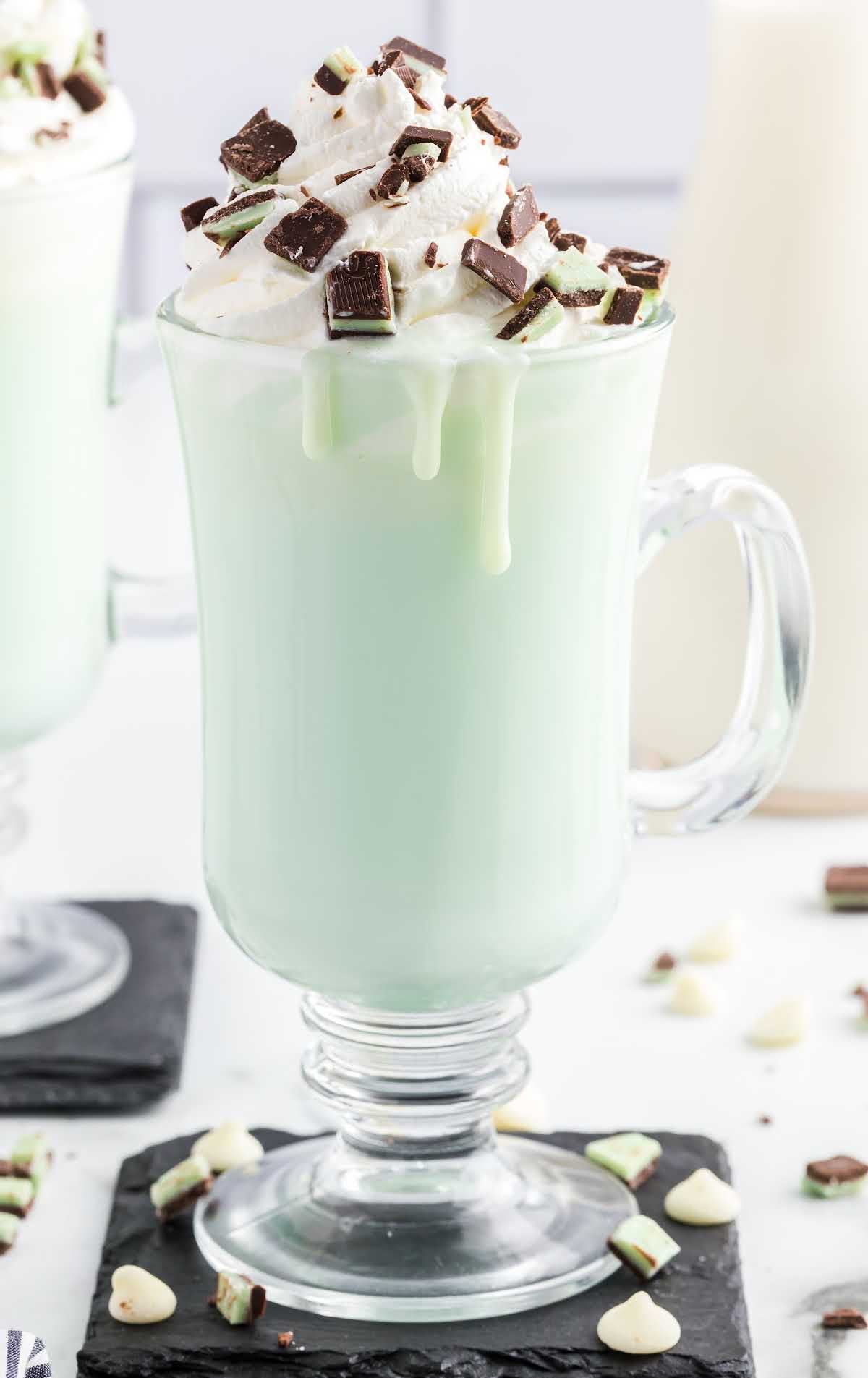 close up shot of a glass of Peppermint White Hot Chocolate