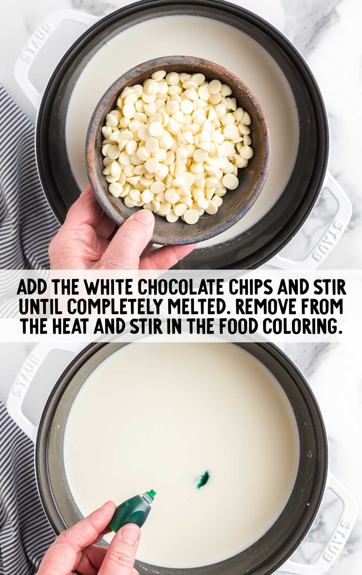 white chocolate chips and food coloring added to the milk mixture in a pot
