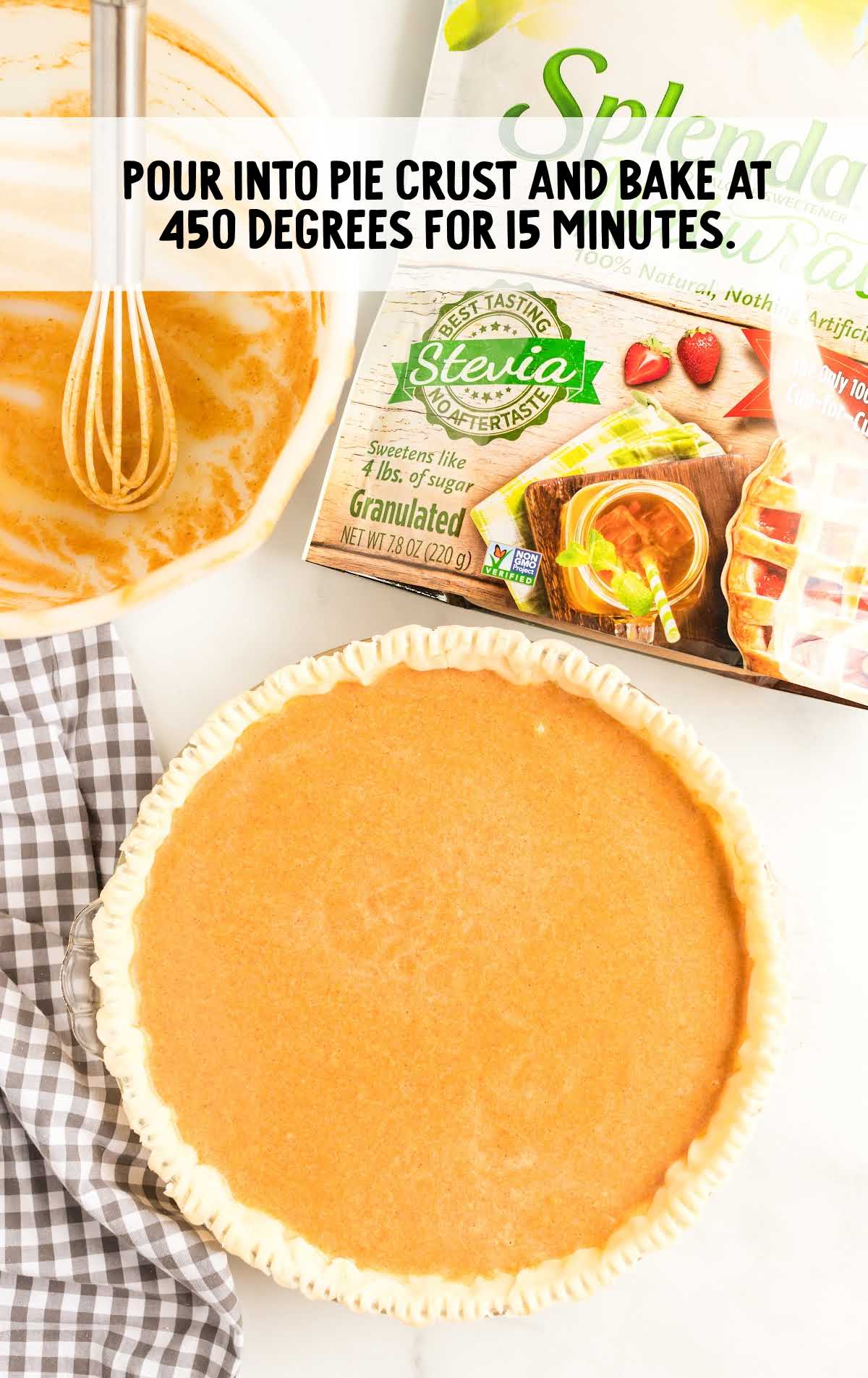 pour milk mixture into the pie crust and bake