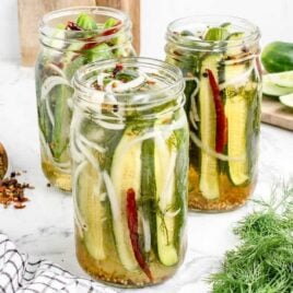 A close up shot of Refrigerator Pickles in jars