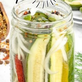 A close up shot of Refrigerator Pickle in jar