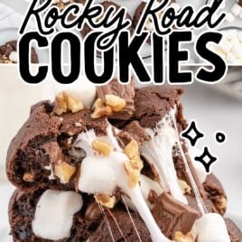 a close up shot of Rocky Road Cookies stacked on top of each other on a plate and overhead shot of Rocky Road Cookies on a plate