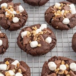a close up shot of Rocky Road Cookies on a cooling rack