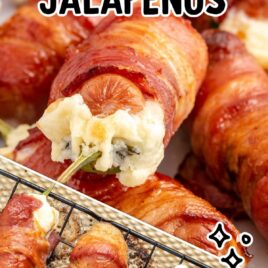 a close up shot of Sausage Stuffed Jalapeños and a overhead shot of sausage stuffed jalapenos on a cooling rack