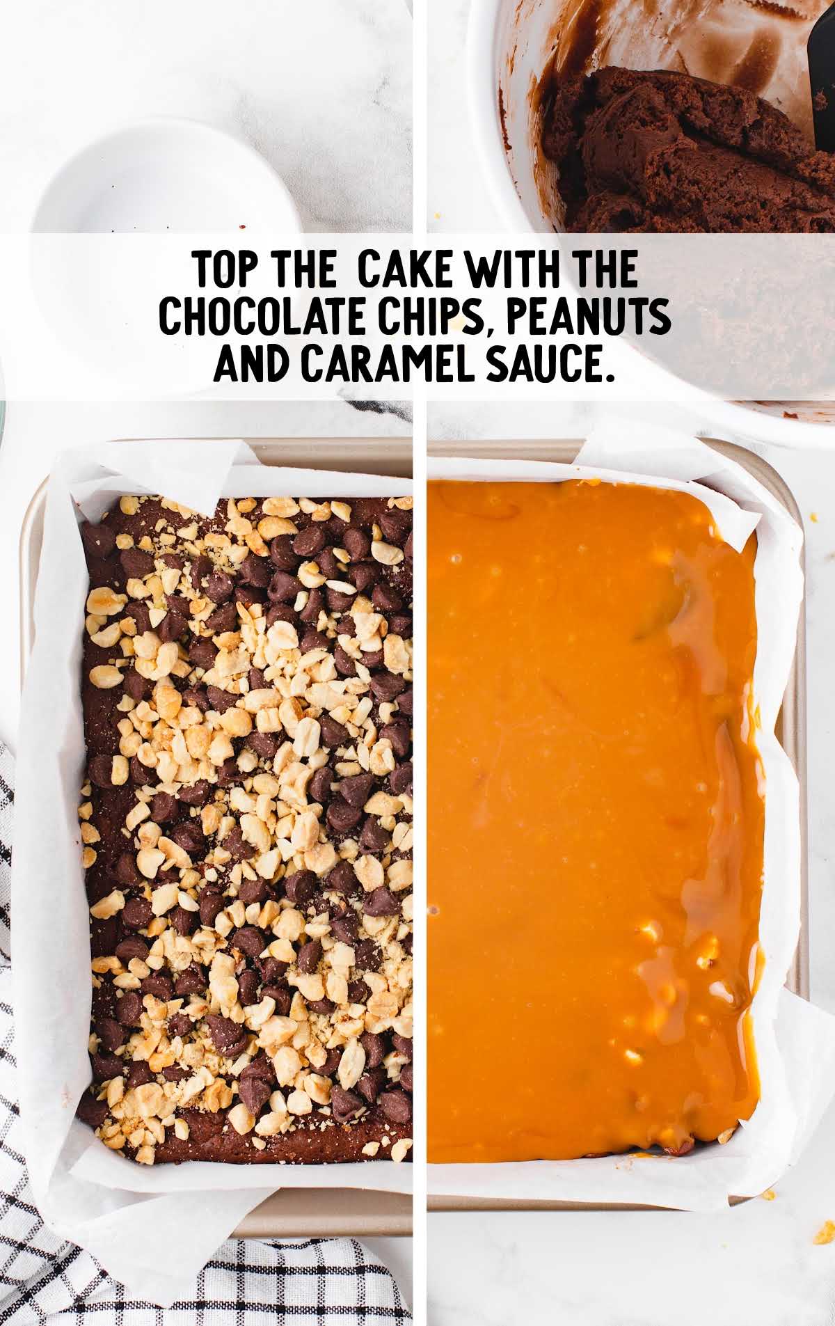 cake topped with chocolate chip peanuts and caramel sauce in a baking dish