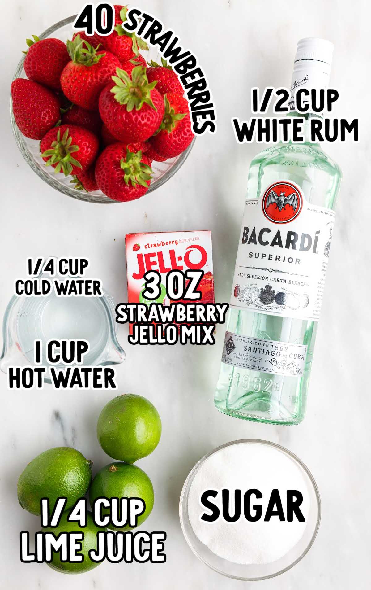 Strawberry Daiquiri Jello Shots raw ingredients that are labeled