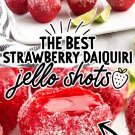 a close up shot of Strawberry Daiquiri Jello Shot and a close up shot of Strawberry Daiquiri Jello Shots topped with limes