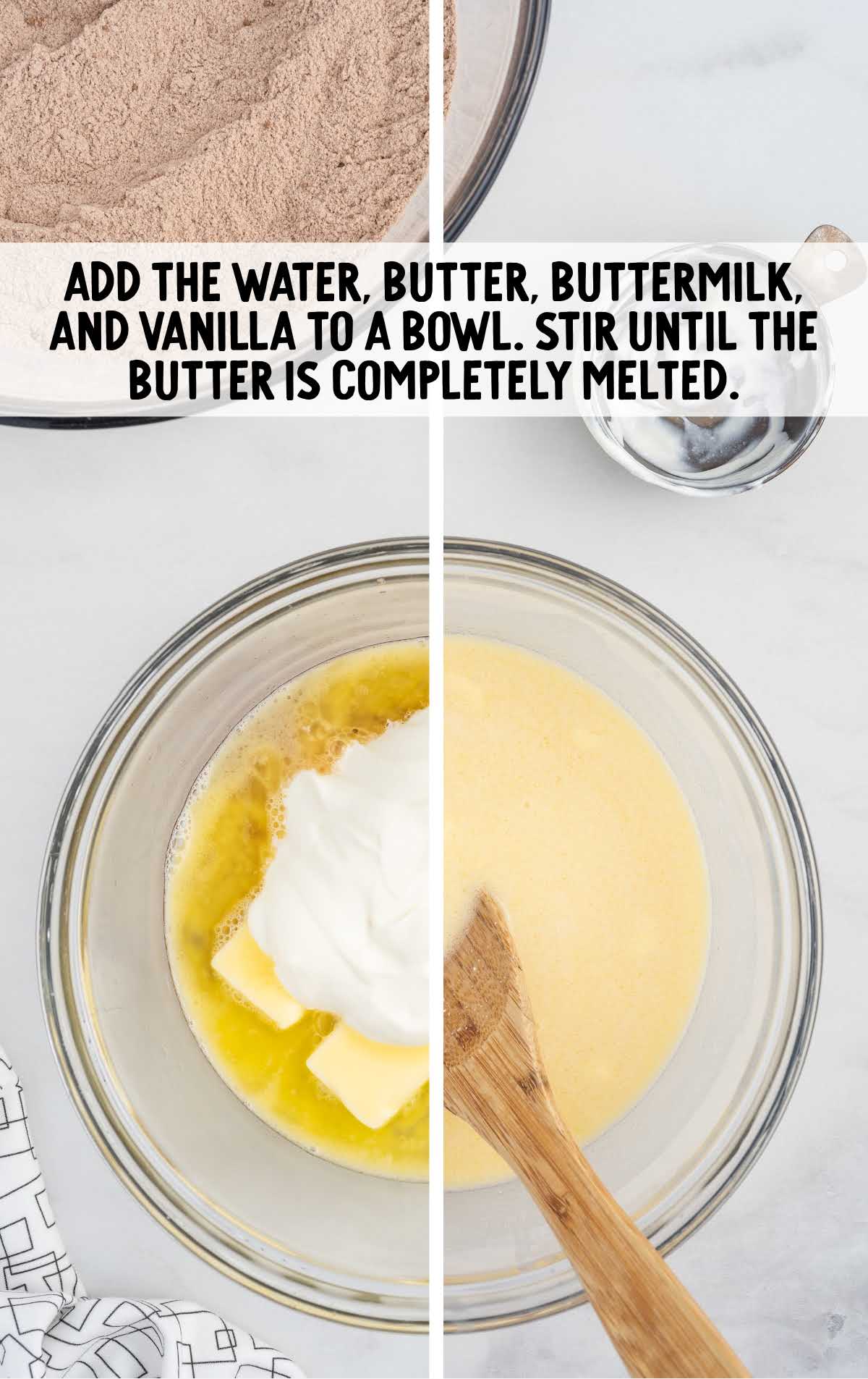water, butter, buttermilk and vanilla folded in a bowl