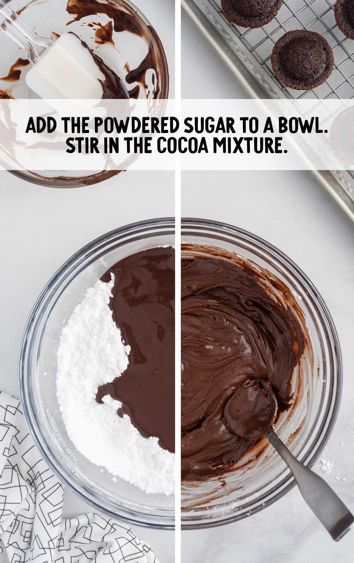 powdered sugar added to the cocoa mixture in a bowl