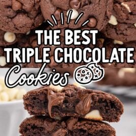 a close up shot of Triple Chocolate Cookies split in half and stacked on top of each other and a overhead shot of Triple Chocolate Cookies piled on top of each other