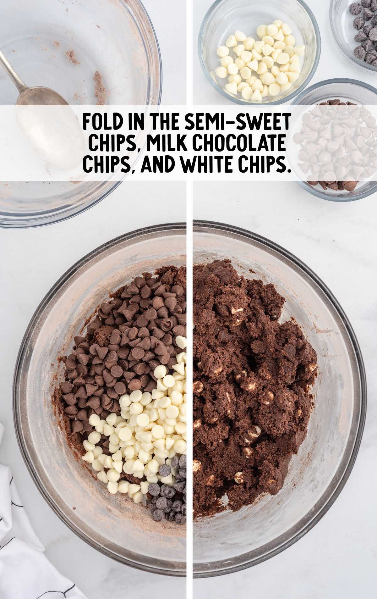 semi sweet chips, milk chocolate chips and white chips folded in a bowl