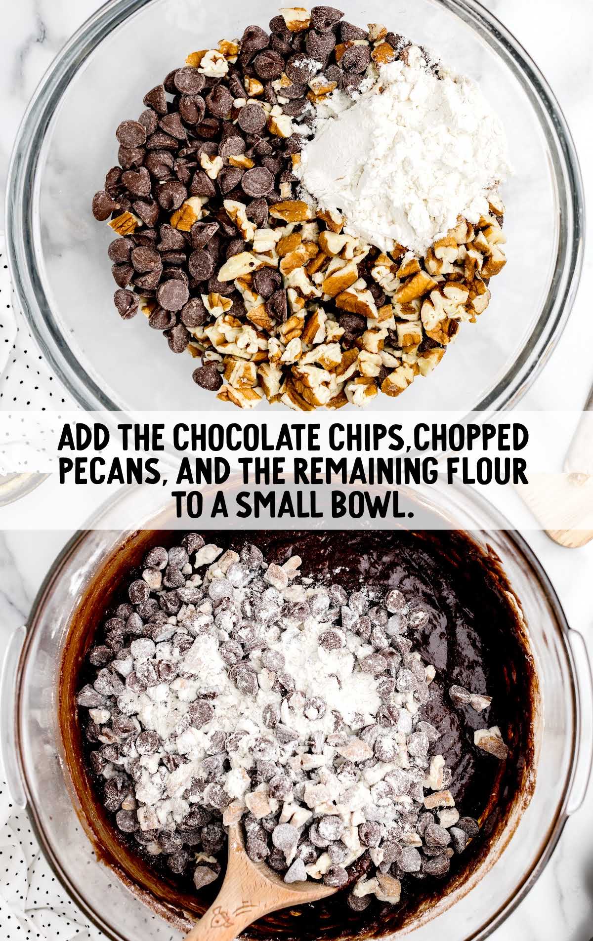 chocolate chips, chopped pecans, and flour added to the sugar mixture in a bowl