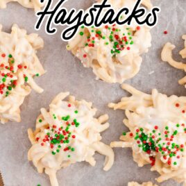 overhead shot of White Chocolate Haystacks on parchment paper