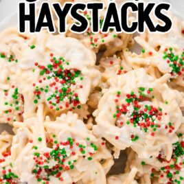 overhead shot of White Chocolate Haystacks on a plate