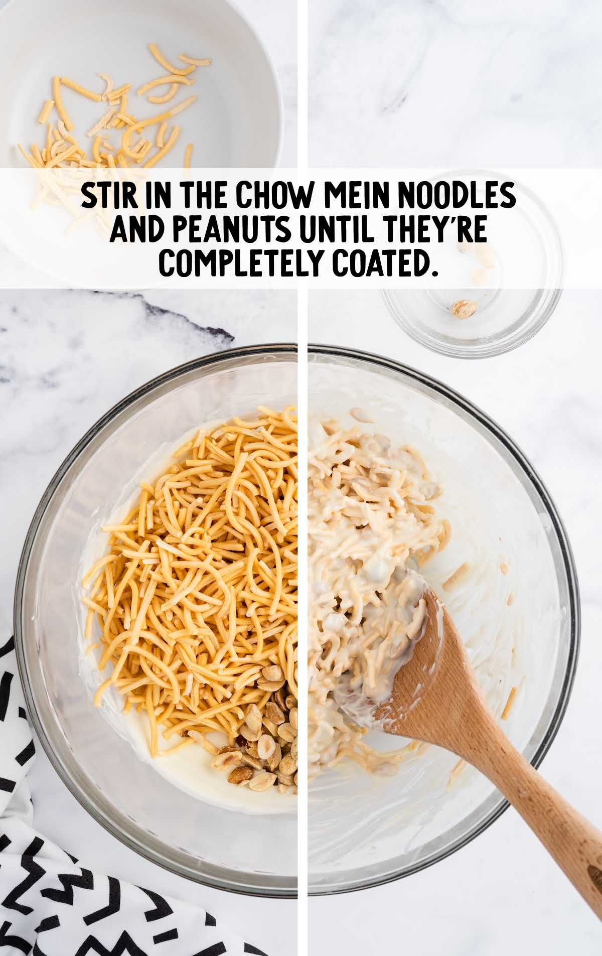 chow Mein noodles and peanut stirred in a bowl