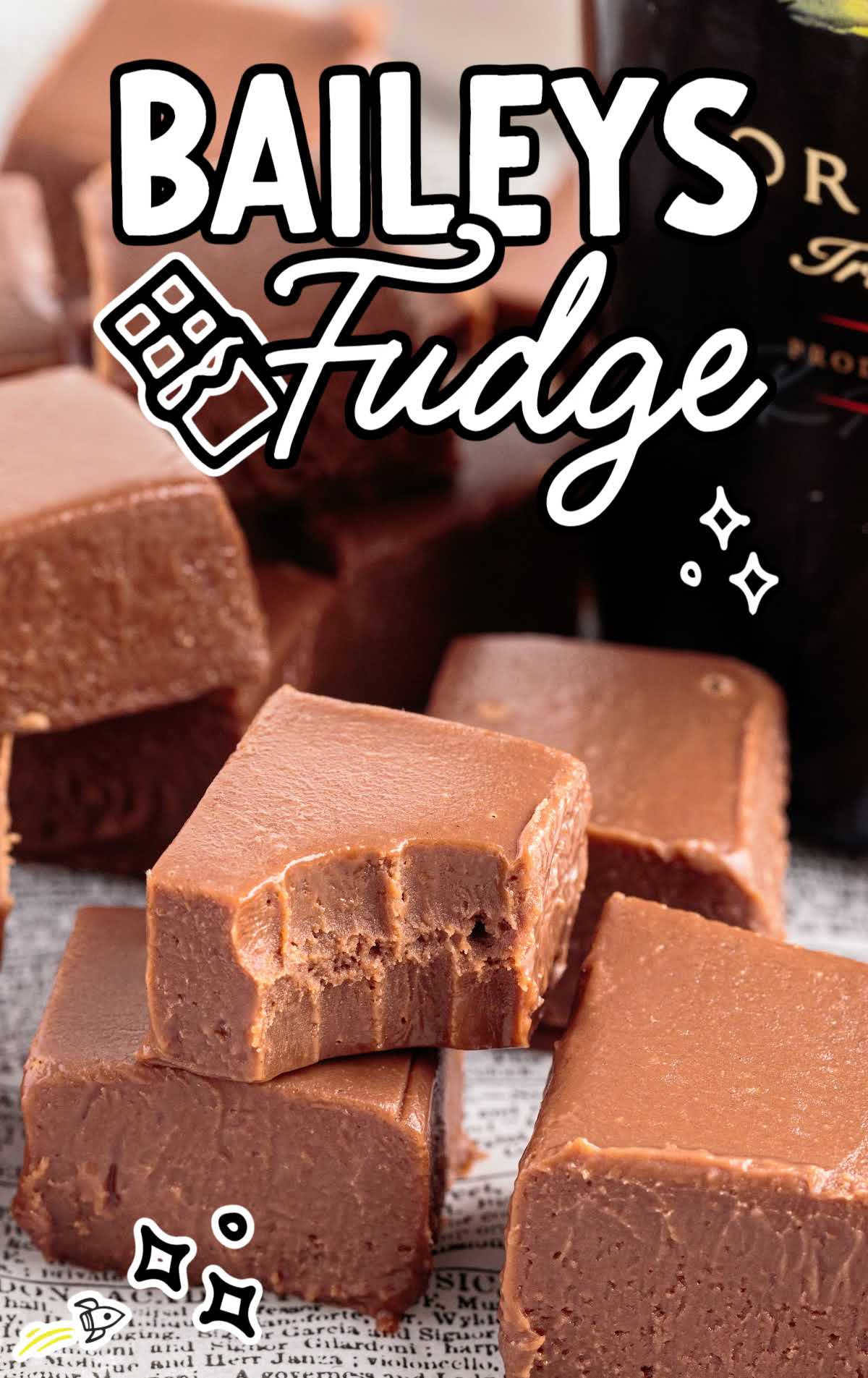 close up shot of Baileys Fudge with one having a bite taken out if it