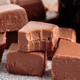 close up shot of Baileys Fudge with one having a bite taken out if it