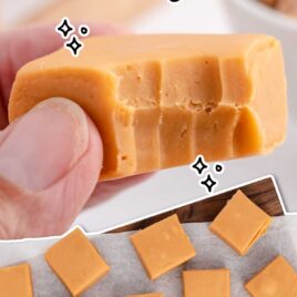 a close up shot of a block of butterscotch fudge with a bite taken out of it and overhead shot of blocks of Butterscotch Fudge on wooden board