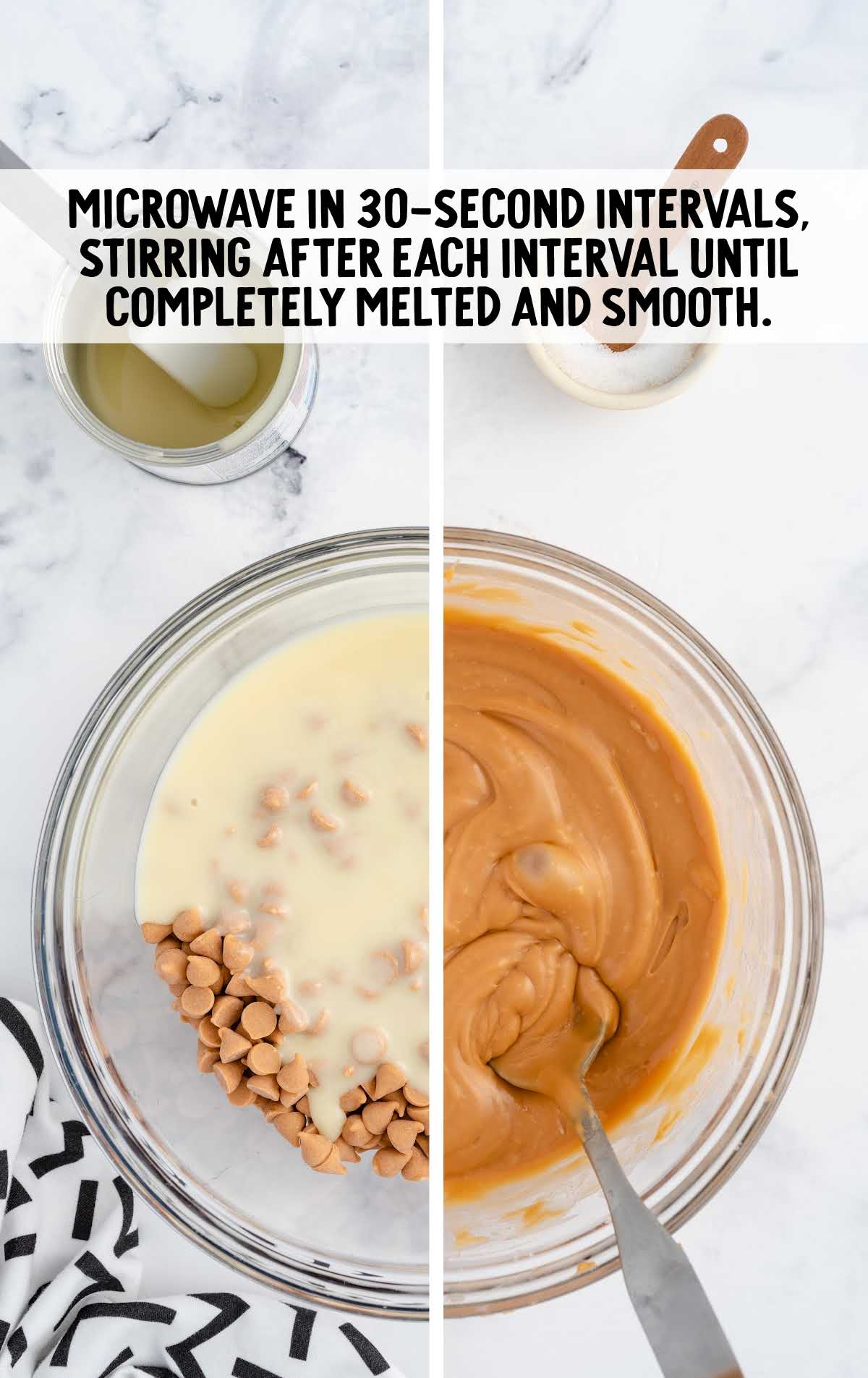 Butterscotch Fudge ingredients microwaved in 30 minutes intervals in a bowl