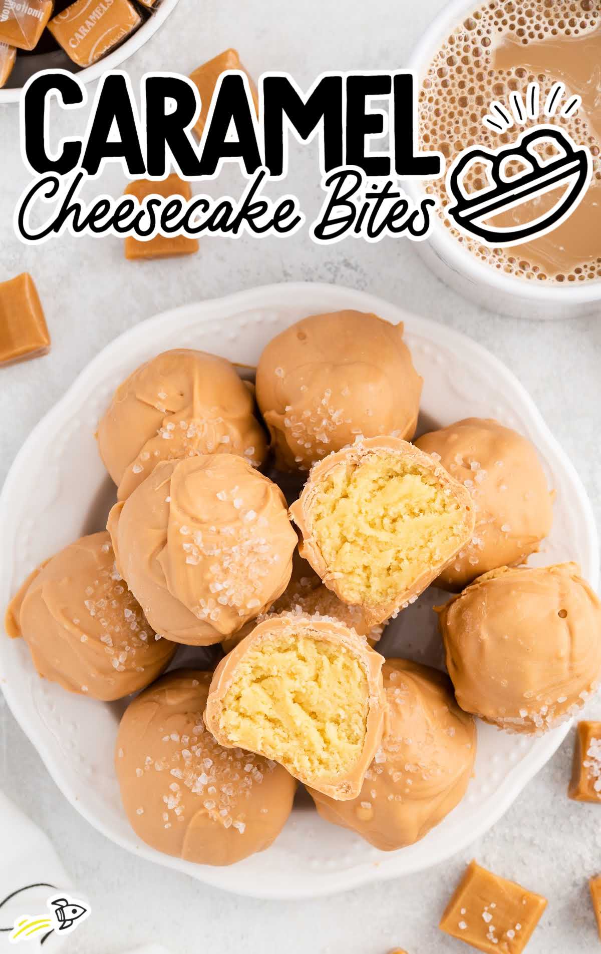 overhead shot of Caramel Cheesecake Bites with one split in half on on a plate