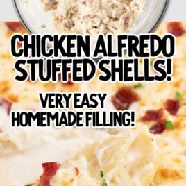 a close up shot of a spoon grabbing a piece of Chicken Alfredo Stuffed Shells in a baking dish and a overhead shot of shell being spooned with ingredients