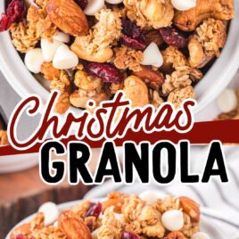 a close up shot of Christmas Granola in a bowl and a overhead shot of Christmas Granola in a bowl
