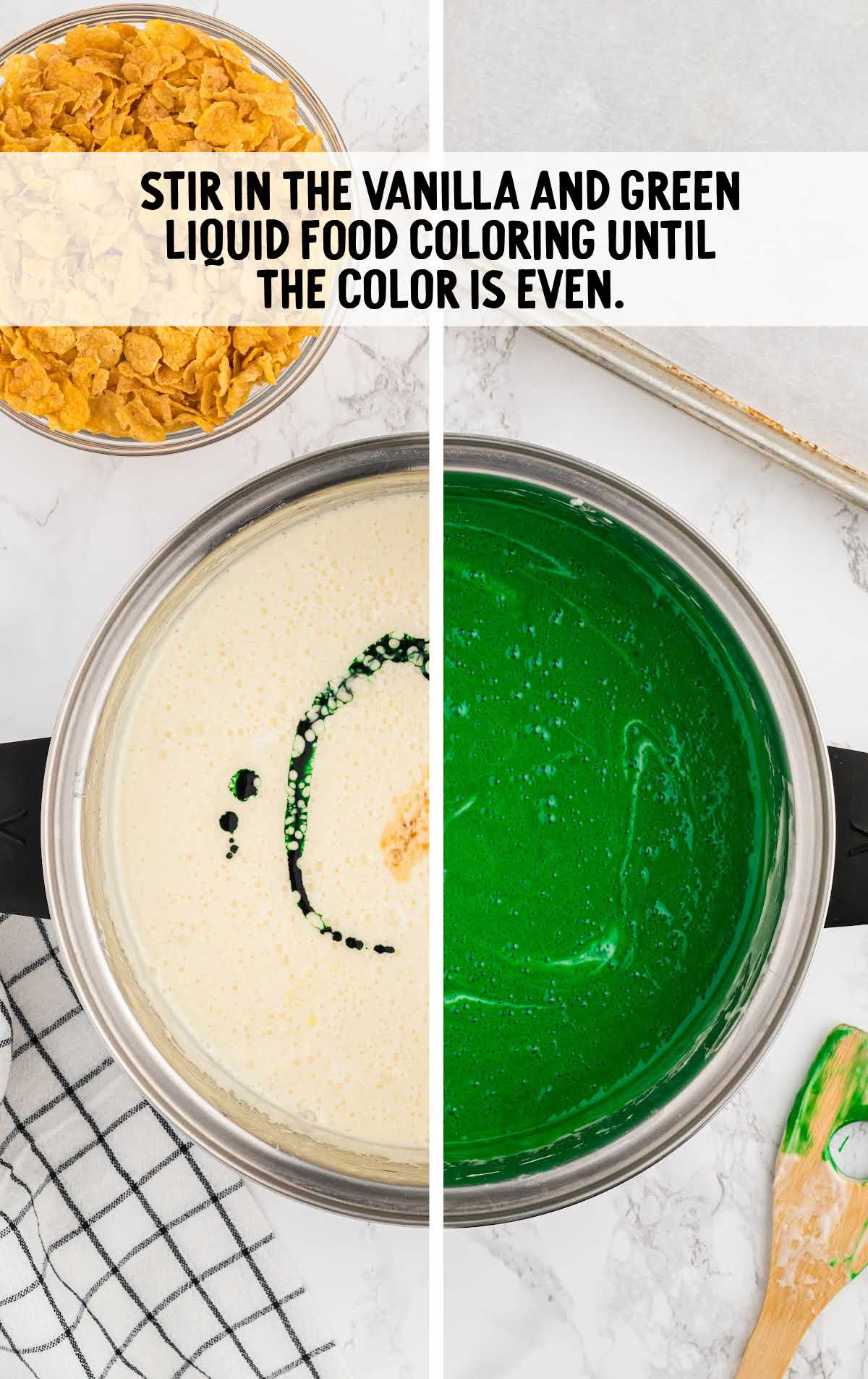 vanilla and green liquid food coloring stirred in a pot