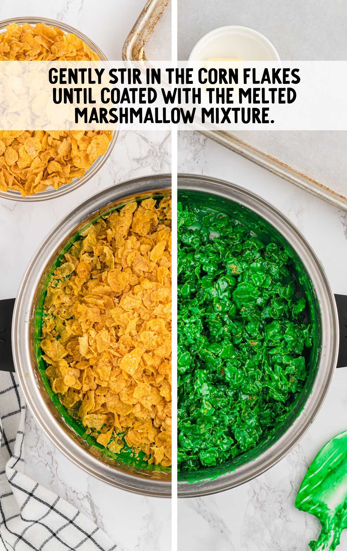 corn flakes stirred with the marshmallow mixture in a pot