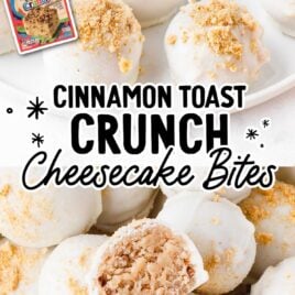 overhead shot of Cinnamon Toast Crunch Cheesecake Bites with one having a bite taken out of it and a close up shot of Cinnamon Toast Crunch Cheesecake Bites on a plate