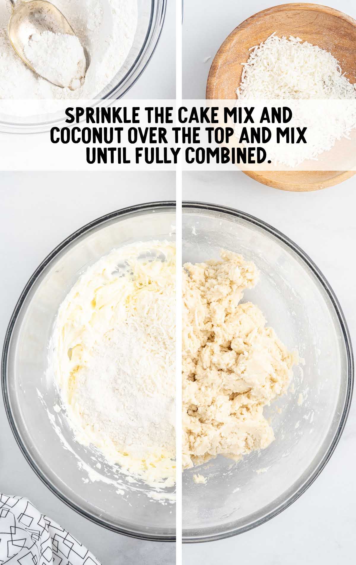cake mix and coconut sprinkled over the cream cheese mixture in a bowl