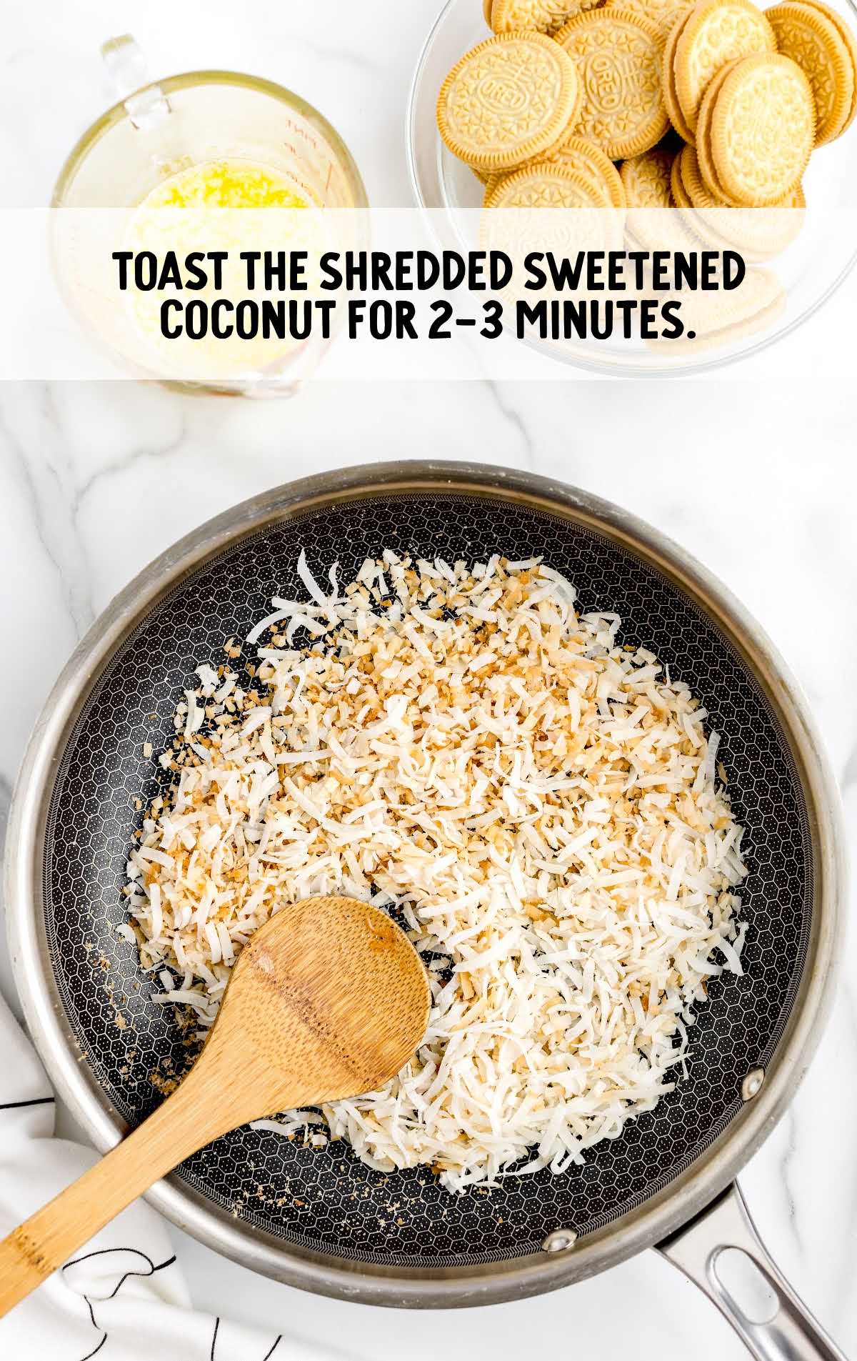 shredded sweetened coconut toasted on a pan