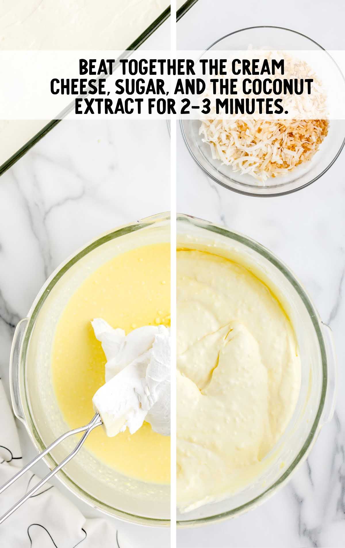 cream cheese, sugar, and coconut extract whisked in a bowl