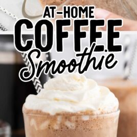 close up shot of coffee smoothie in a glass topped with whipped cream and a overhead shot of a glass of coffee smoothie being poured in another glass