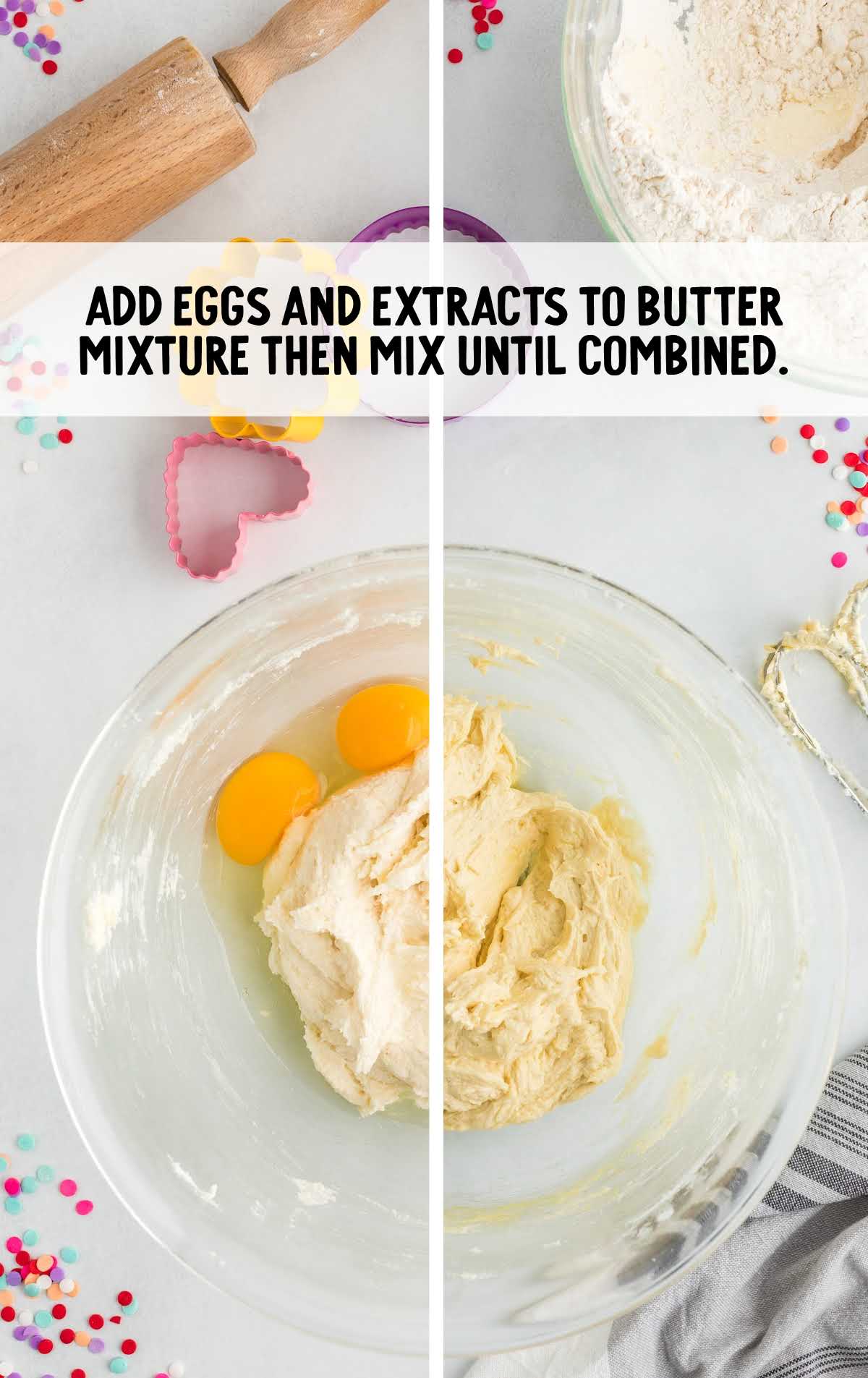 eggs and extract added to the butter mixture in a bowl