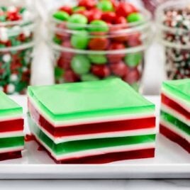 a close up shot of Holly Jolly Jello Shots on a plate