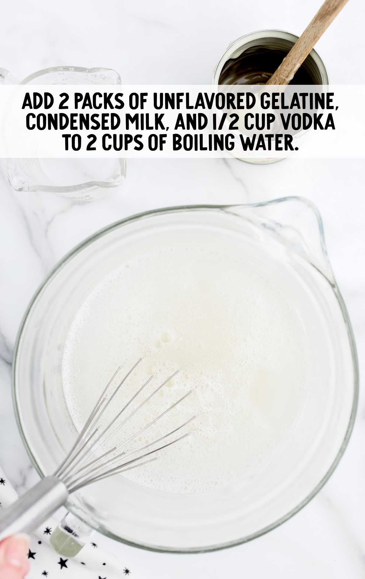 unflavored gelatin, milk, and vodka and water whisked in a measuring cup