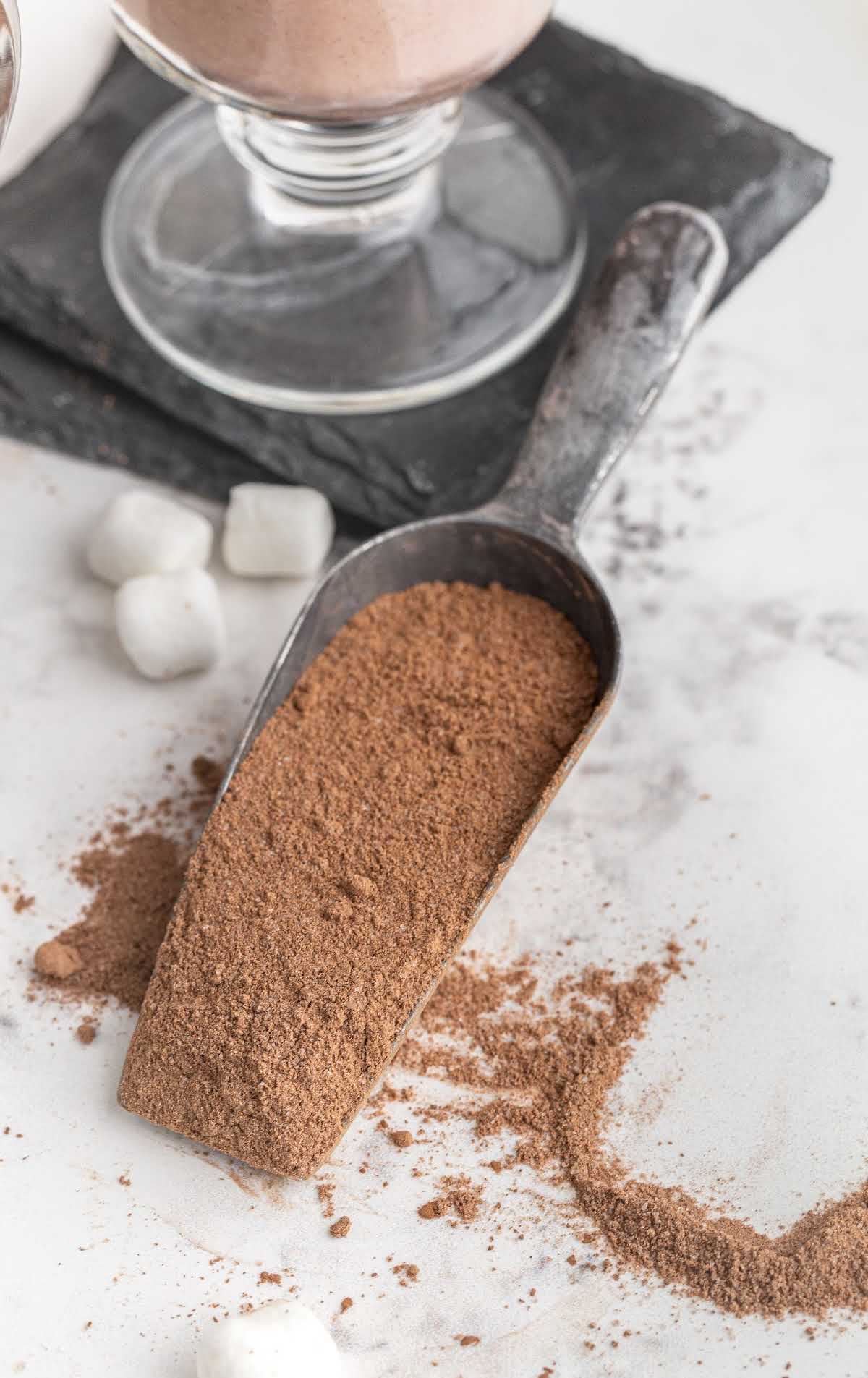 hot chocolate mix ingredients in a scooper