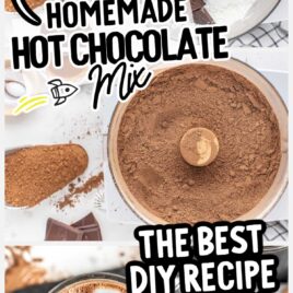 overhead shot of Hot Chocolate Mix in a glass cup and hot chocolate ingredients in a blender