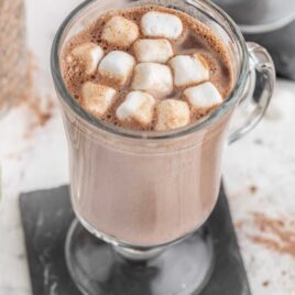 a close up shot of Hot Chocolate Mix in a glass cup