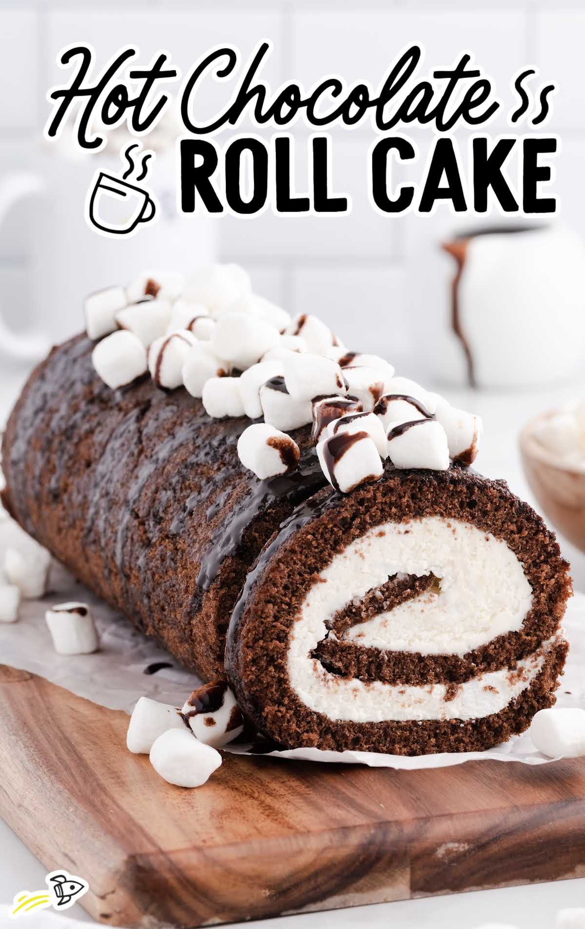 a close up shot of Hot Chocolate Roll Cake on a wooden board