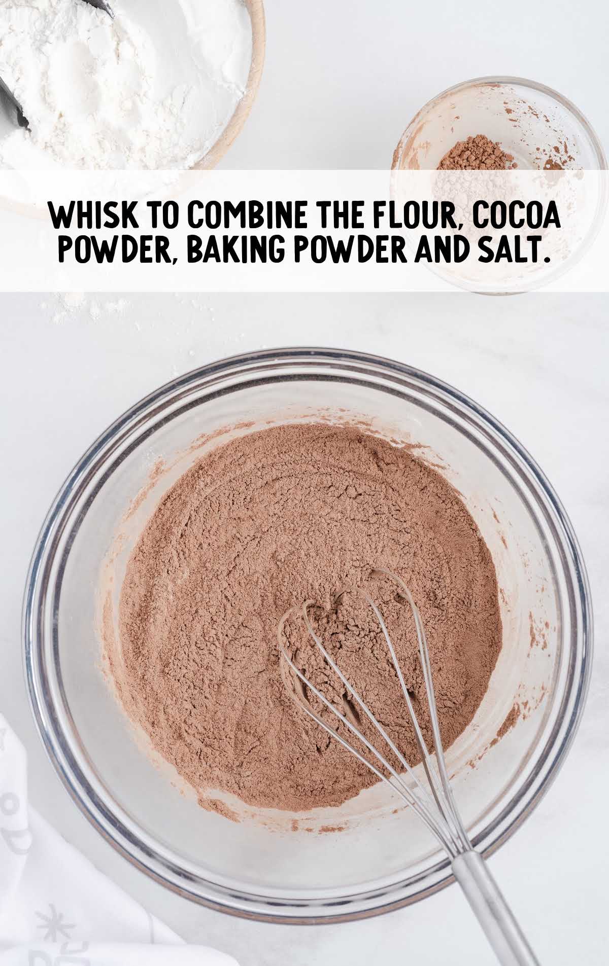 flour, cocoa powder, baking powder, and slat whisked in a bowl