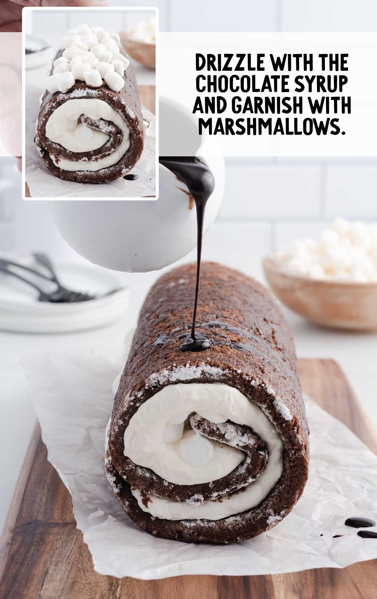 chocolate syrup and marshmallows garnished on top of the roll