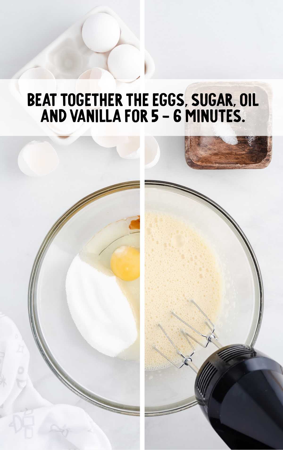 eggs, sugar, oil, and vanilla blended in a bowl